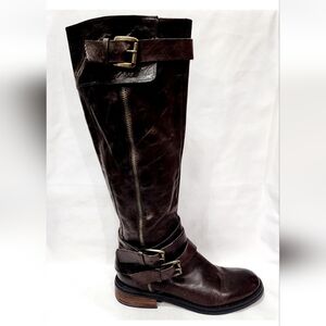 Enzo Angiolini EASAYLEM Brown Leather Boot High Knee Biker Riding Zip 6.5 M Used